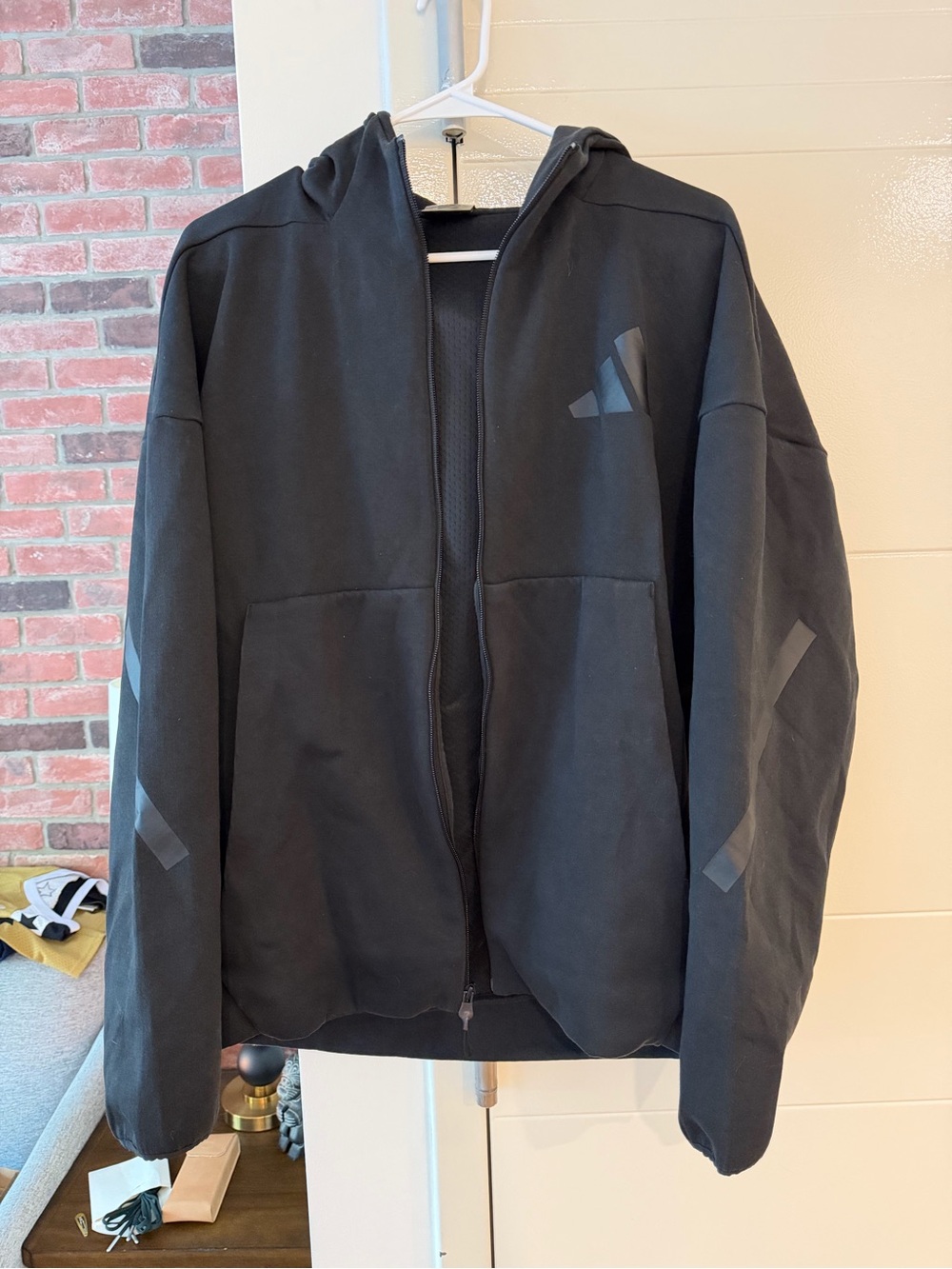 Adidas Men's Black Hooded Full Zip Jacket - Medium